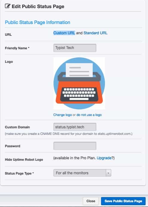 Uptime Robot Public Status Page Settings